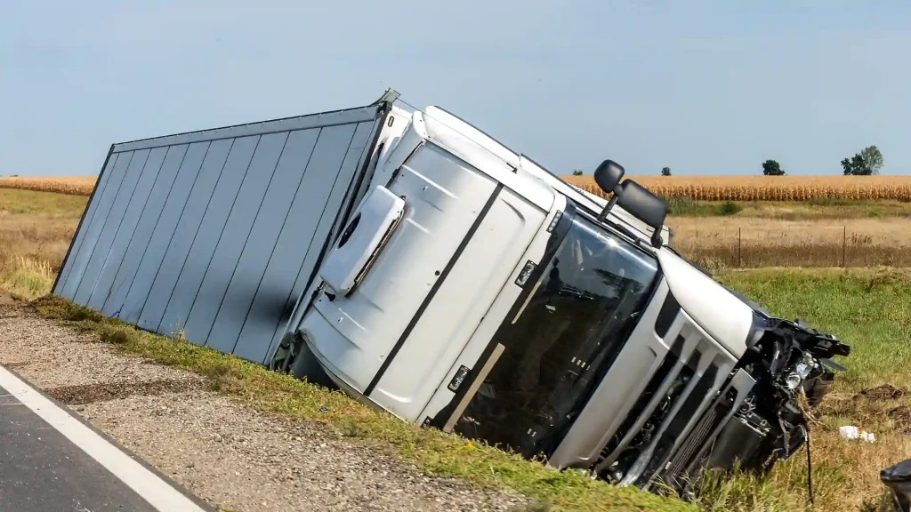 A large truck overturned on the side of a road.
